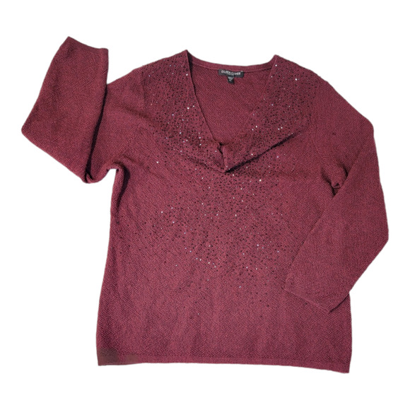 Eileen Fisher Women's Lightweight V Neck Jeweled Sweater Maroon Size S/Petite - Picture 2 of 7